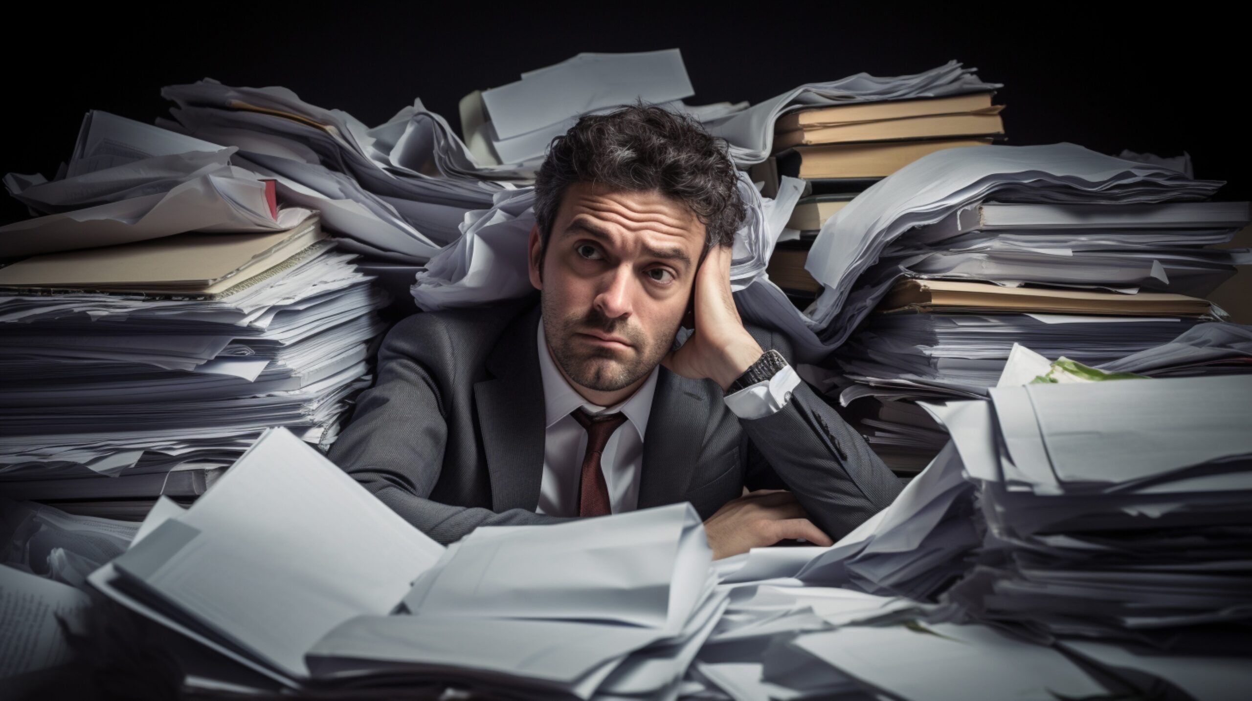 Office worker stressed about the paperwork around him