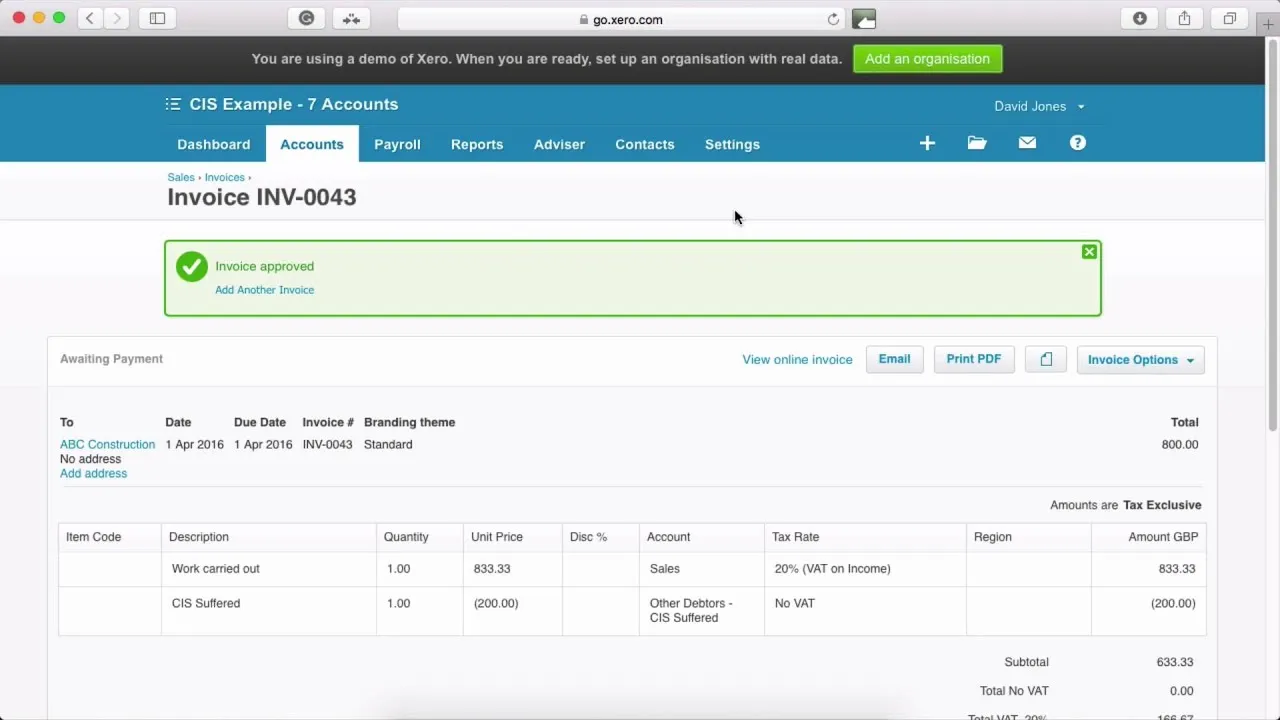 Bill in Xero with CIS and without CIS items