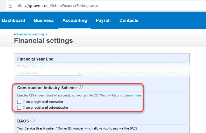 Enable CIS in the Xero settings