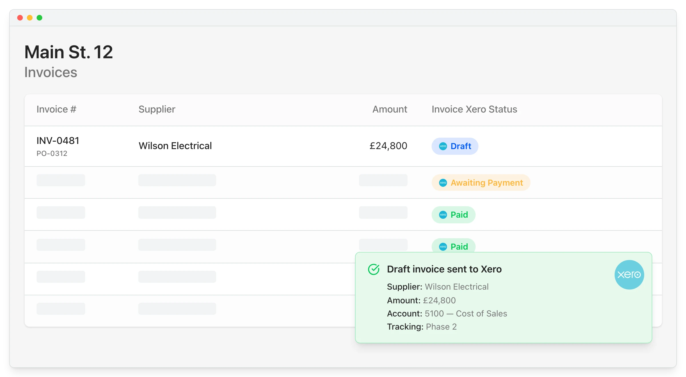 Planyard invoice list showing Xero sync status with draft invoice sent notification