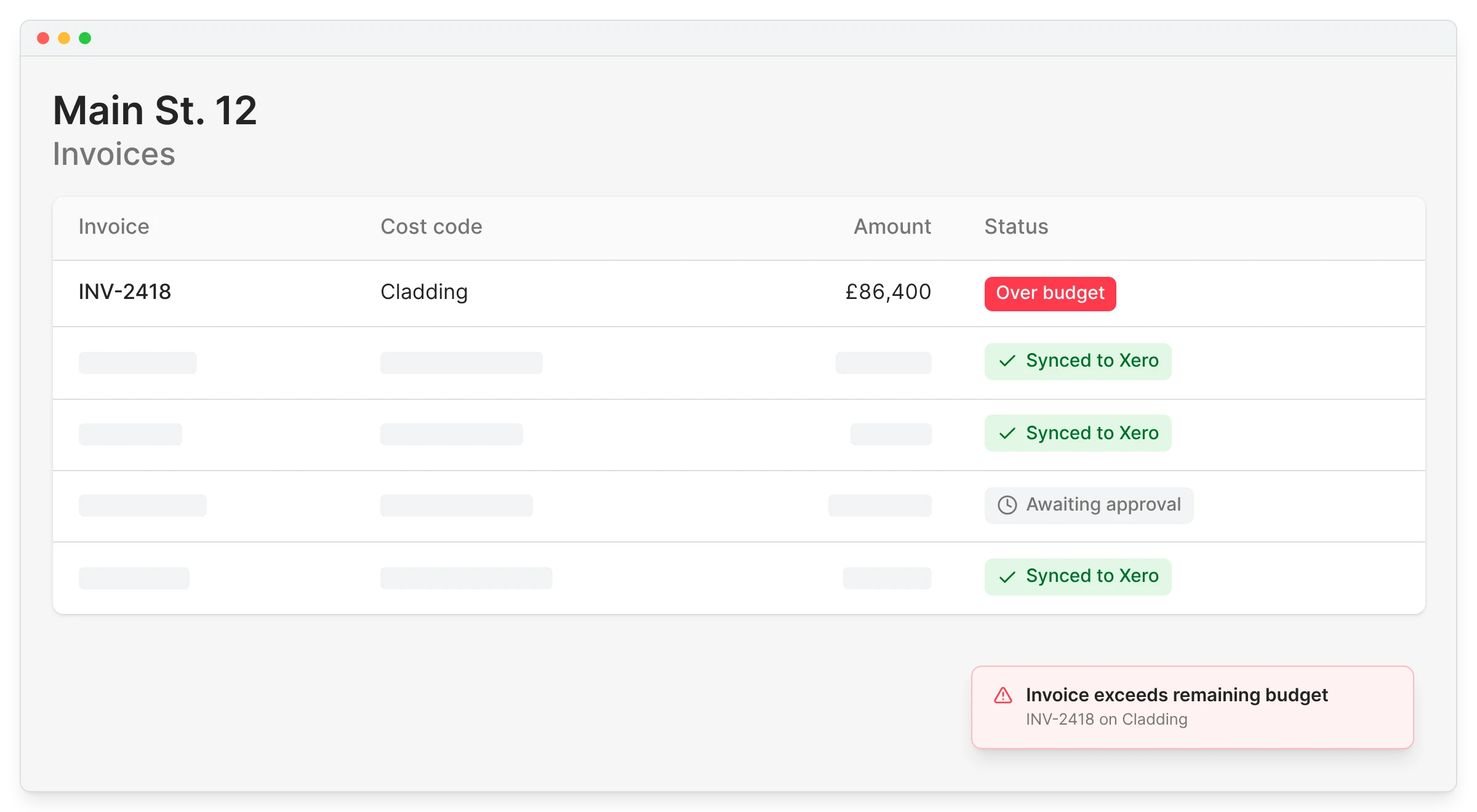 Planyard invoice list with Xero sync status pills, showing an over budget cladding invoice alongside invoices synced to Xero and one awaiting approval