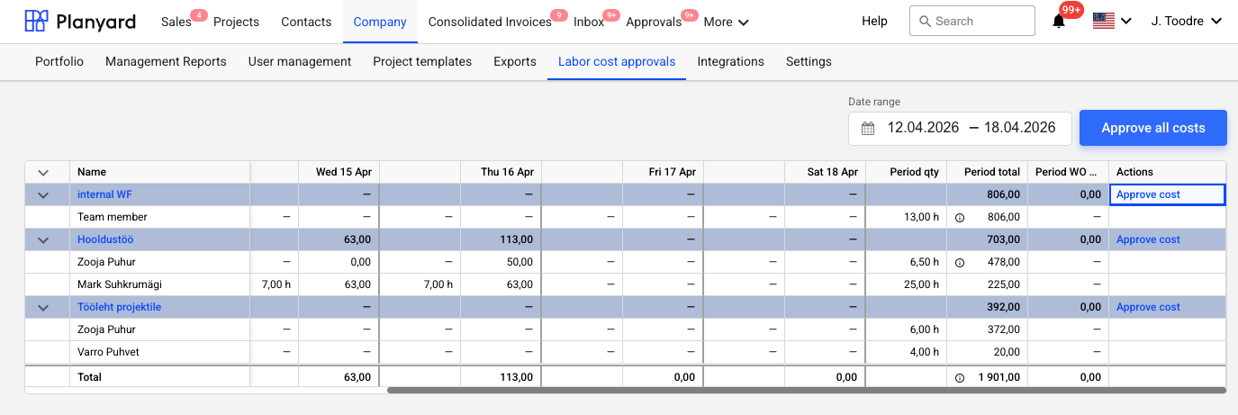 Labor cost approval view in Planyard showing pending timesheet hours by work order and day