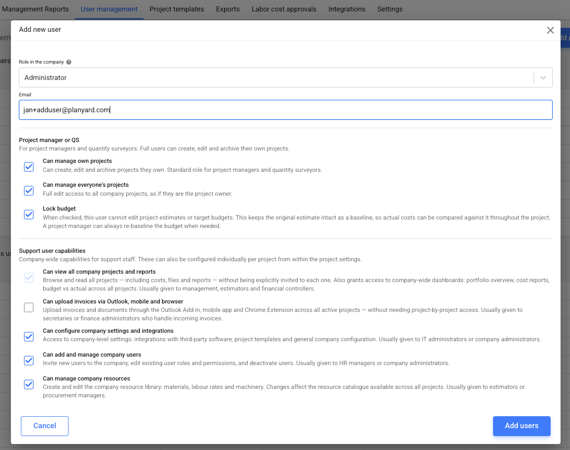 Planyard add user dialog with permission checkboxes grouped into project manager and support user capabilities