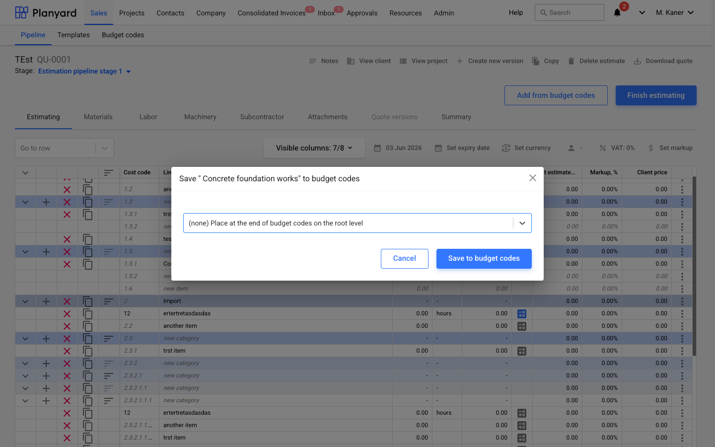 Saving an estimate line item to the budget code library in Planyard