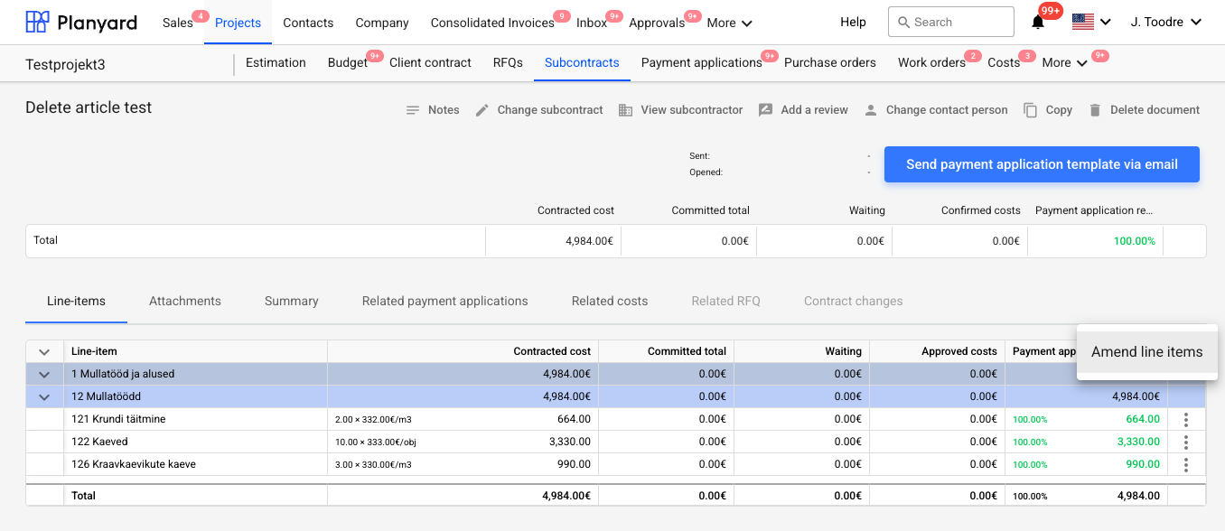 Amending a subcontract with additional line items in Planyard