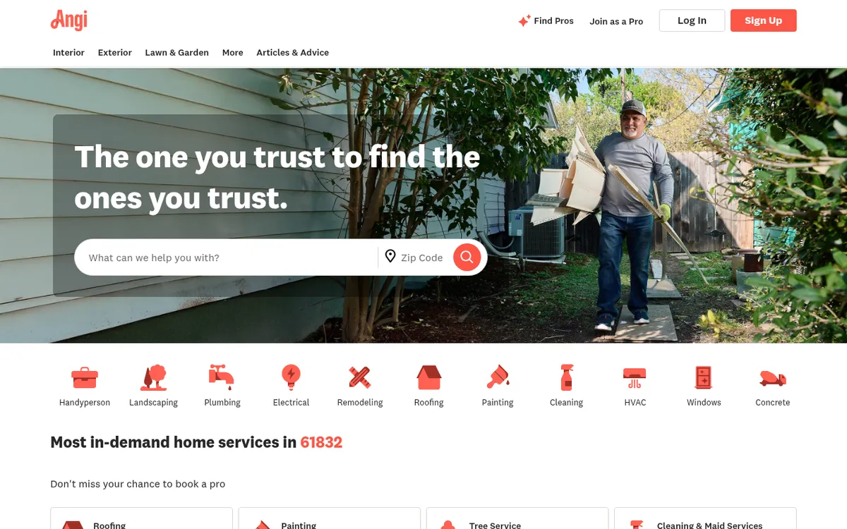 Screenshot of the Angi website