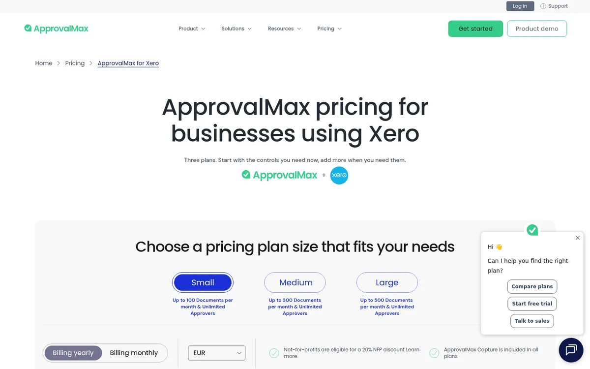 Screenshot of the ApprovalMax pricing page