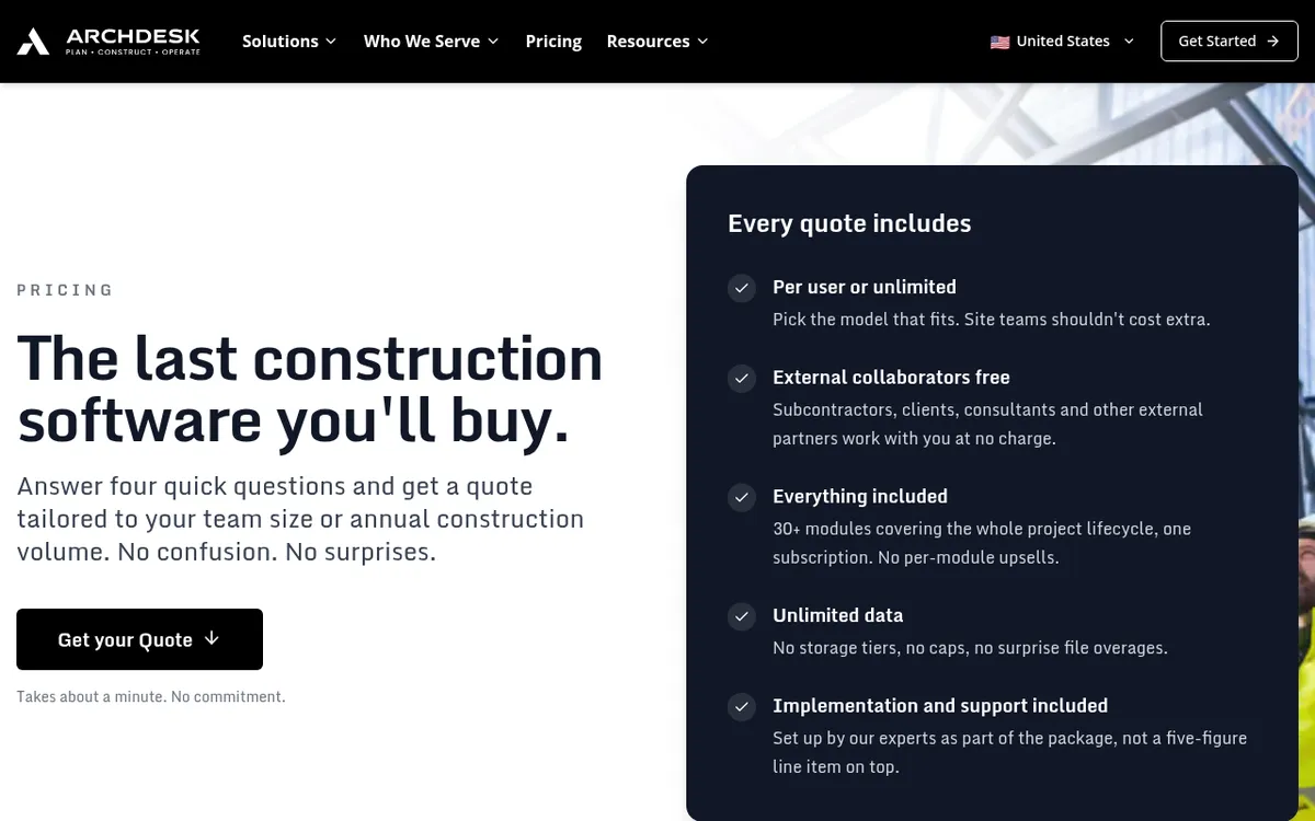 Screenshot of the Archdesk pricing page
