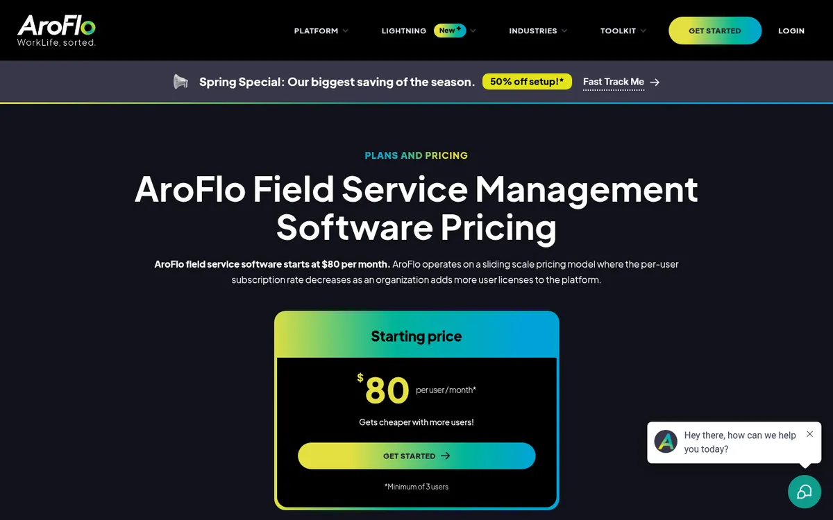 Screenshot of the AroFlo pricing page