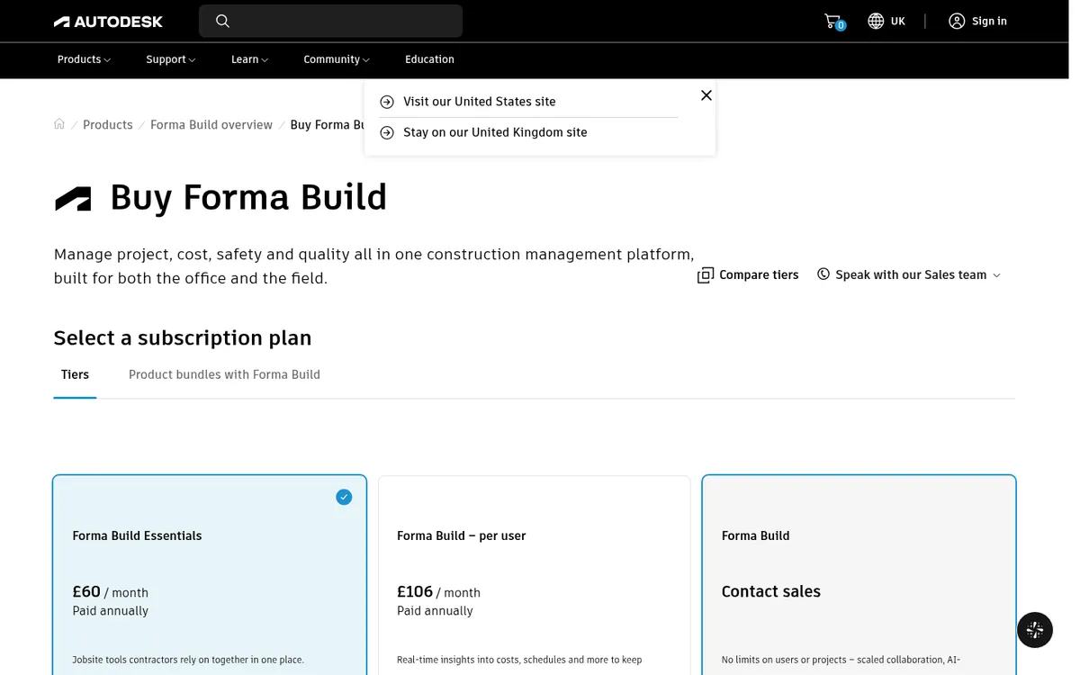 Screenshot of the Autodesk Forma Build website