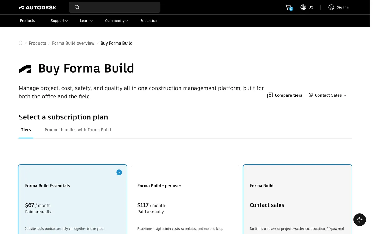Screenshot of the Autodesk Forma Build US pricing page