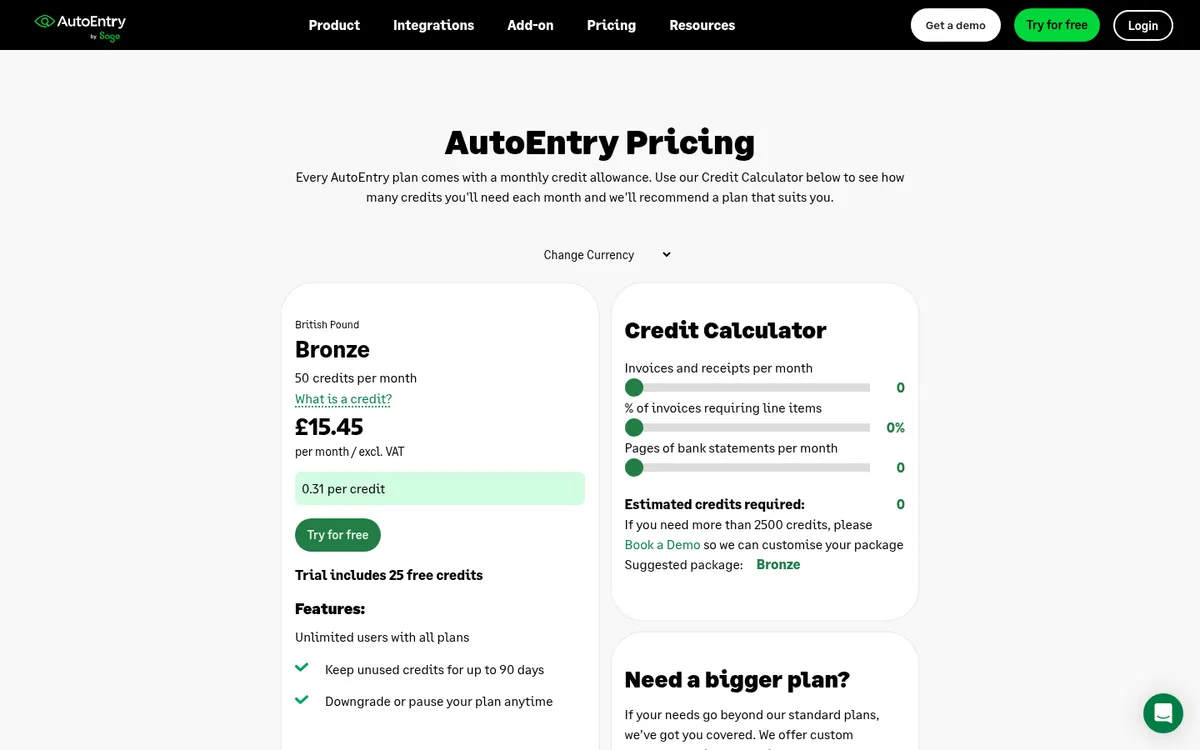 Screenshot of the AutoEntry pricing page