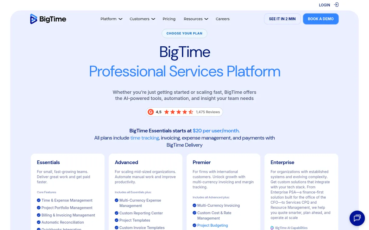 Screenshot of the BigTime pricing page