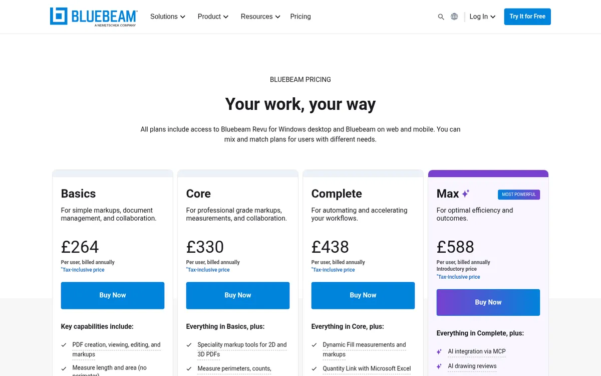 Screenshot of the Bluebeam pricing page