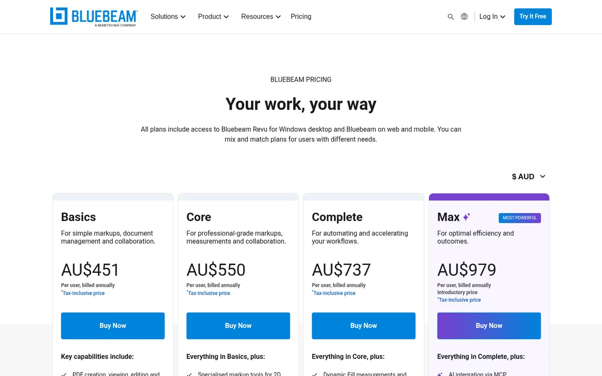 Screenshot of the Bluebeam pricing page