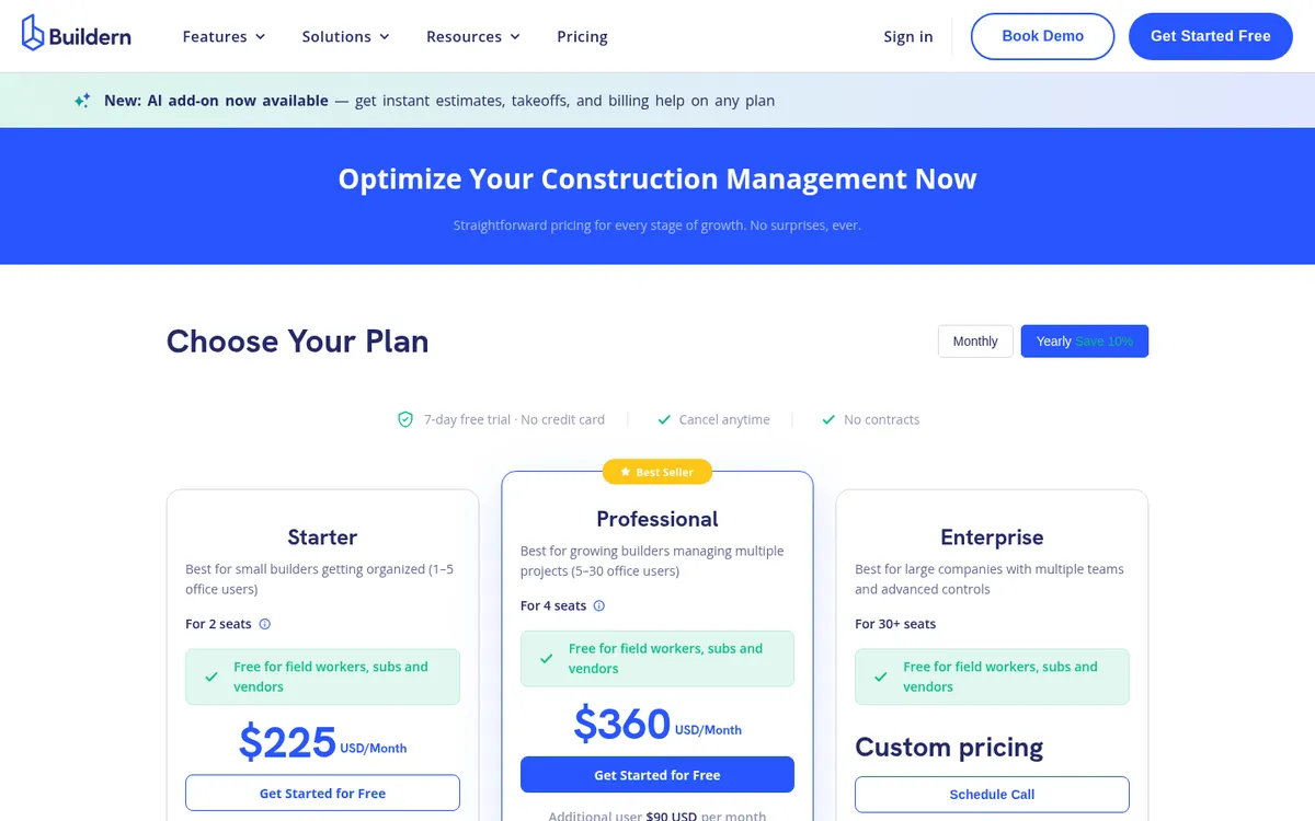 Screenshot of the Buildern pricing page
