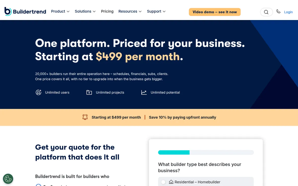 Screenshot of the Buildertrend pricing page
