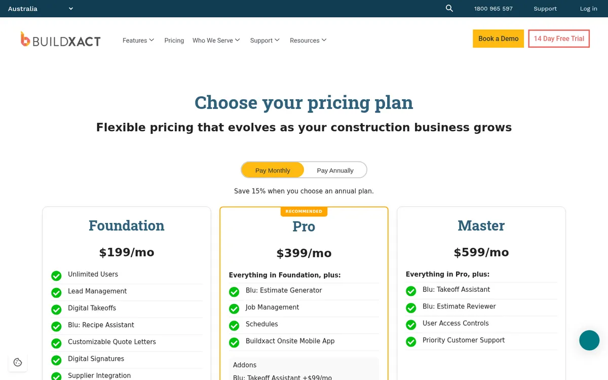 Screenshot of the Buildxact pricing page