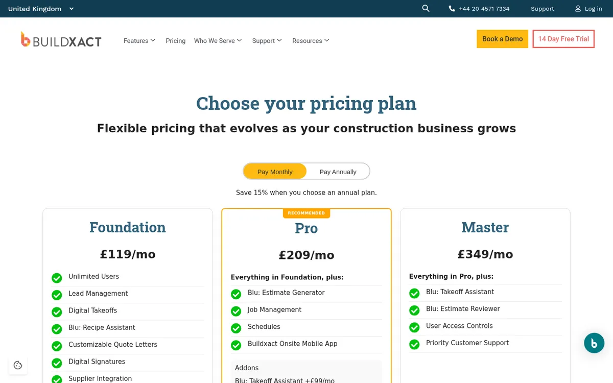 Screenshot of the Buildxact pricing page