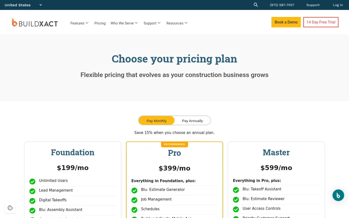 Screenshot of the Buildxact pricing page