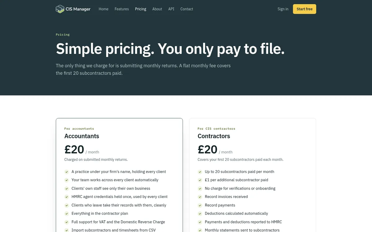 Screenshot of the CIS Manager pricing page