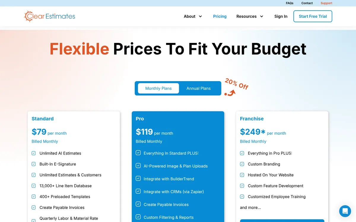 Screenshot of the Clear Estimates pricing page