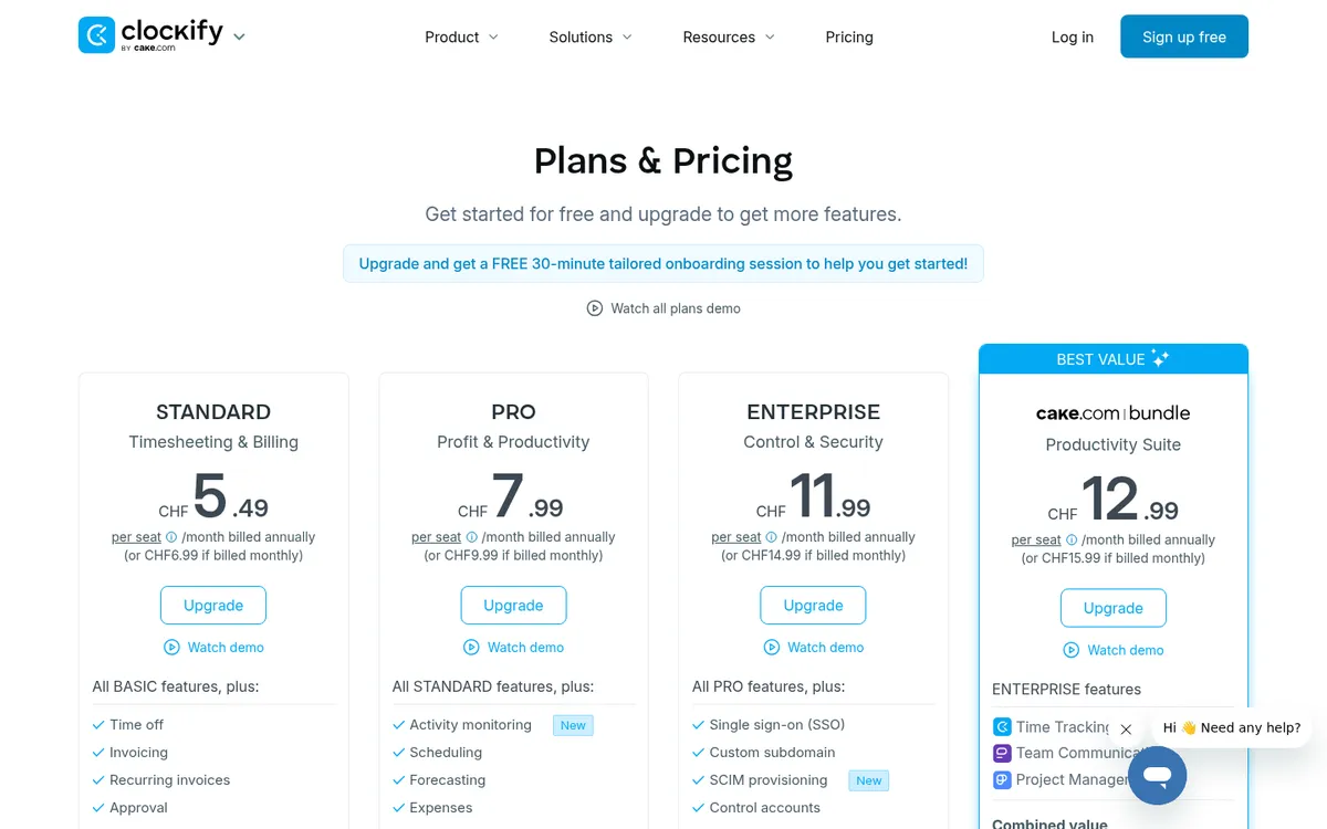 Screenshot of the Clockify pricing page