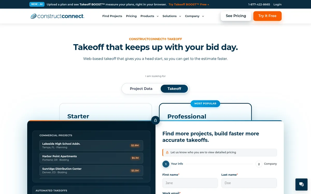 Screenshot of the ConstructConnect pricing page