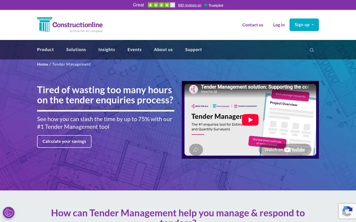 Screenshot of the Constructionline Tender Management website