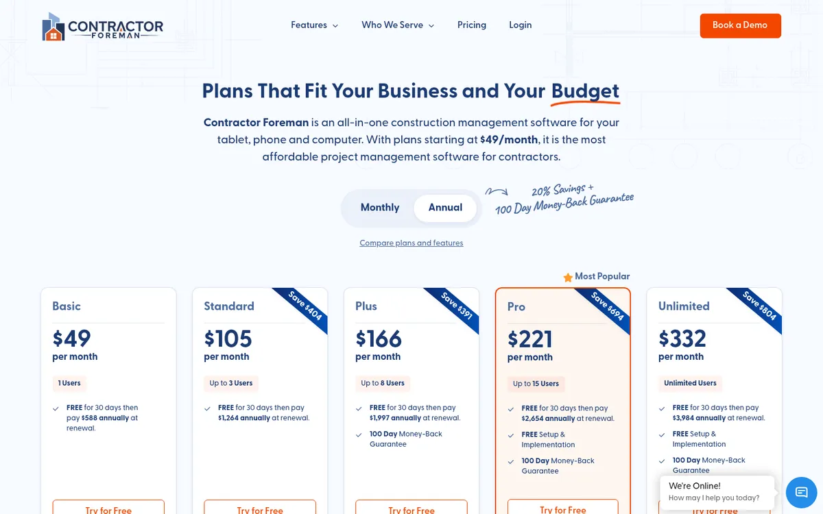 Screenshot of the Contractor Foreman pricing page