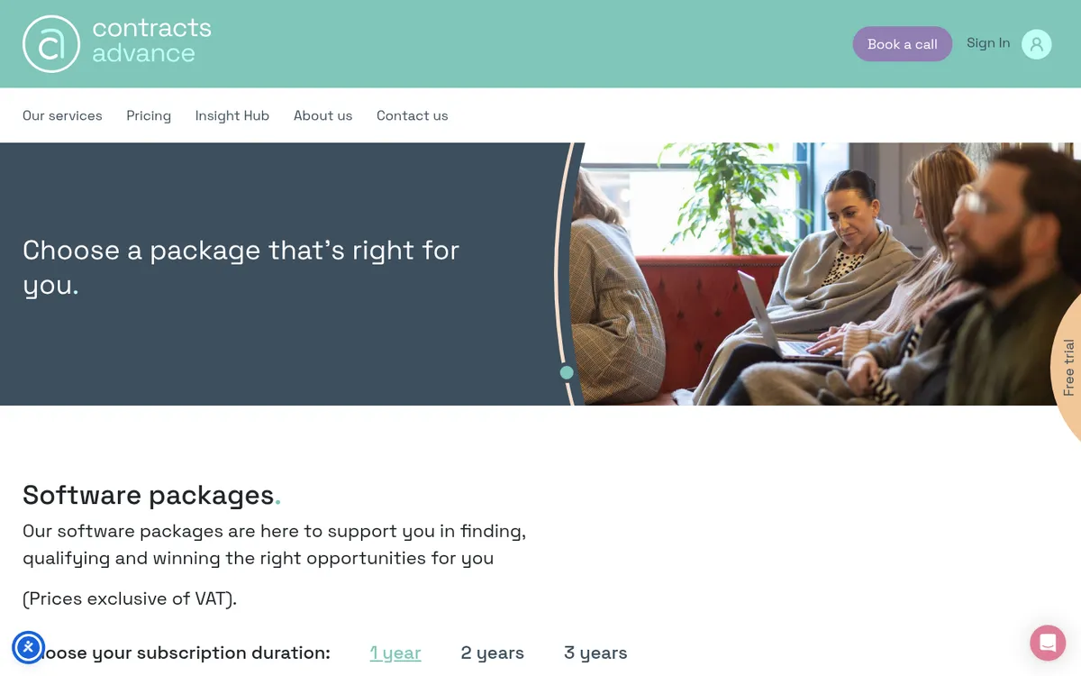 Screenshot of the Contracts Advance pricing page