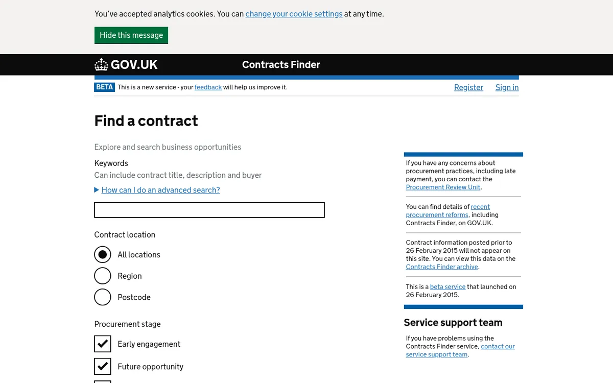 Screenshot of the Contracts Finder website