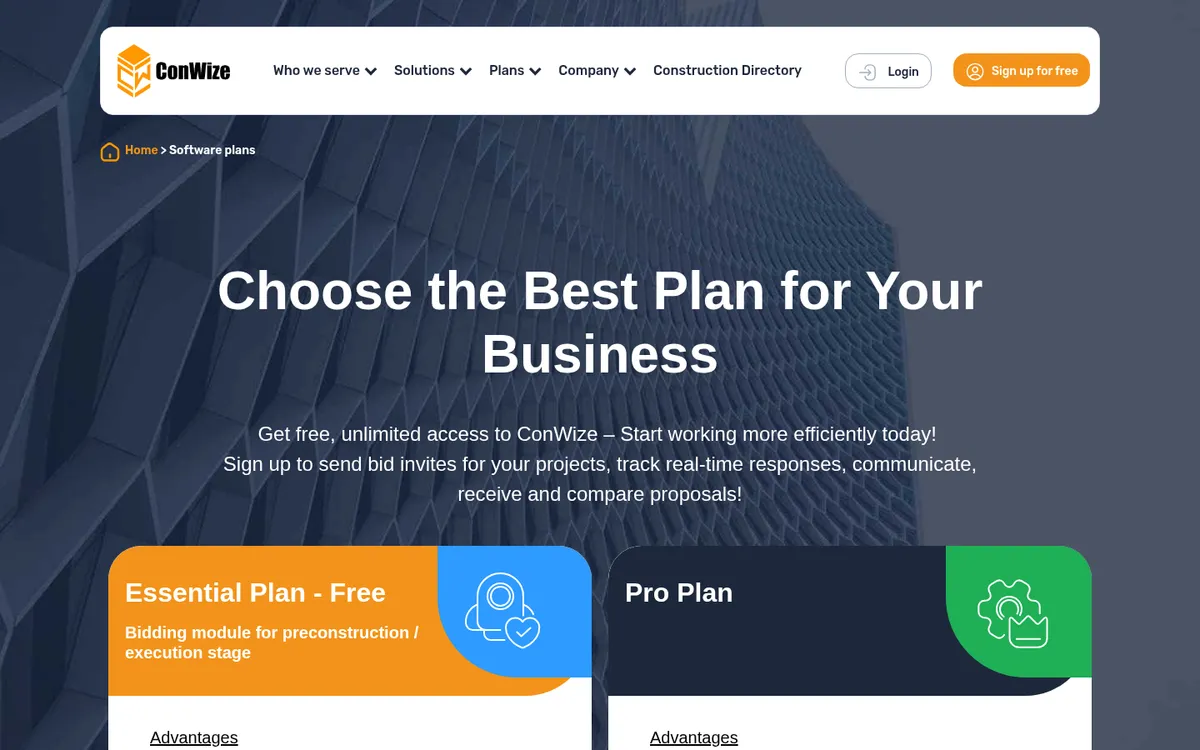 Screenshot of the ConWize pricing page