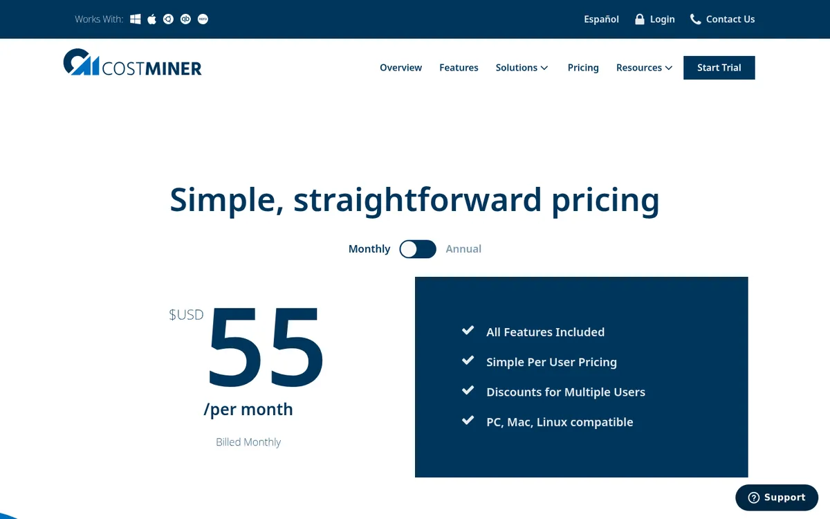 Screenshot of the CostMiner pricing page