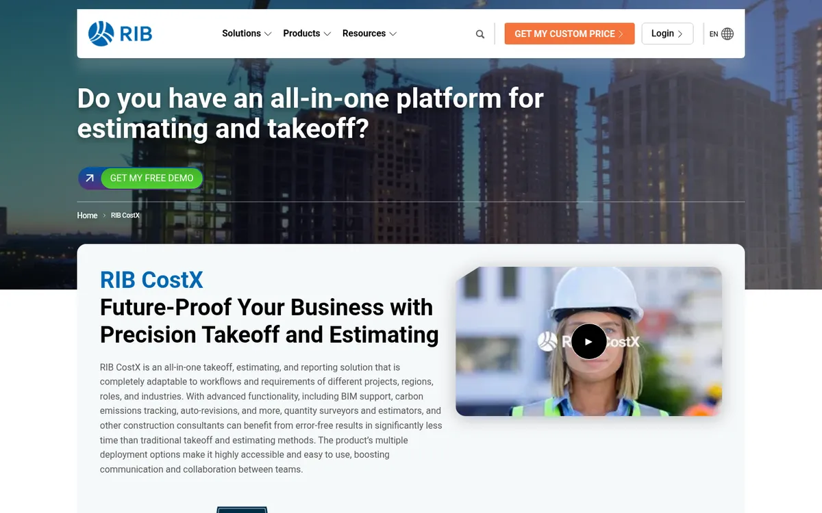Screenshot of the RIB CostX website