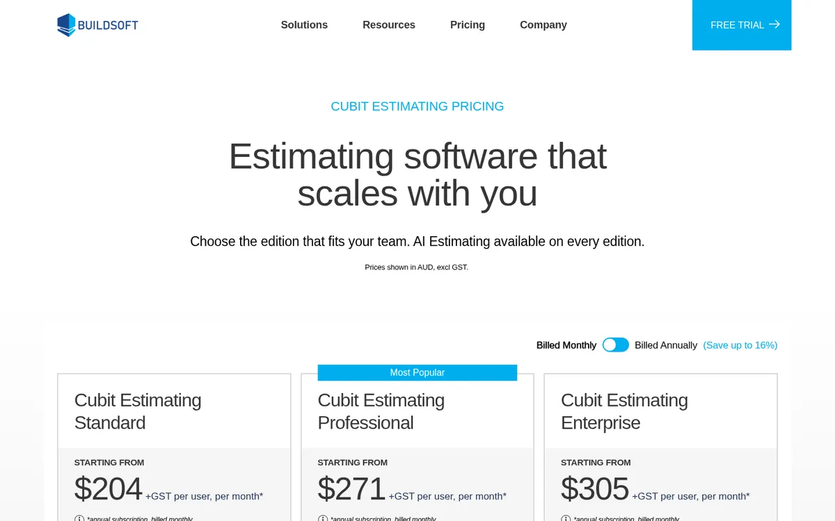 Screenshot of the Cubit Estimating pricing page