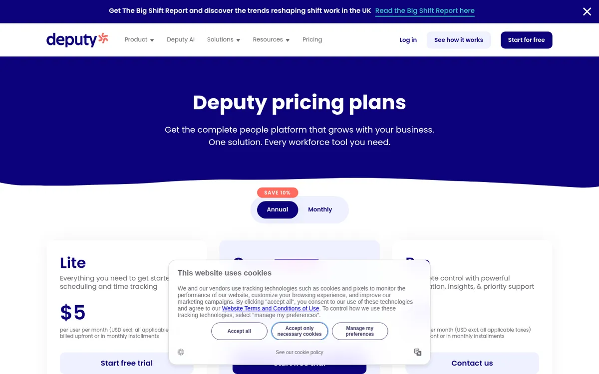 Screenshot of the Deputy pricing page