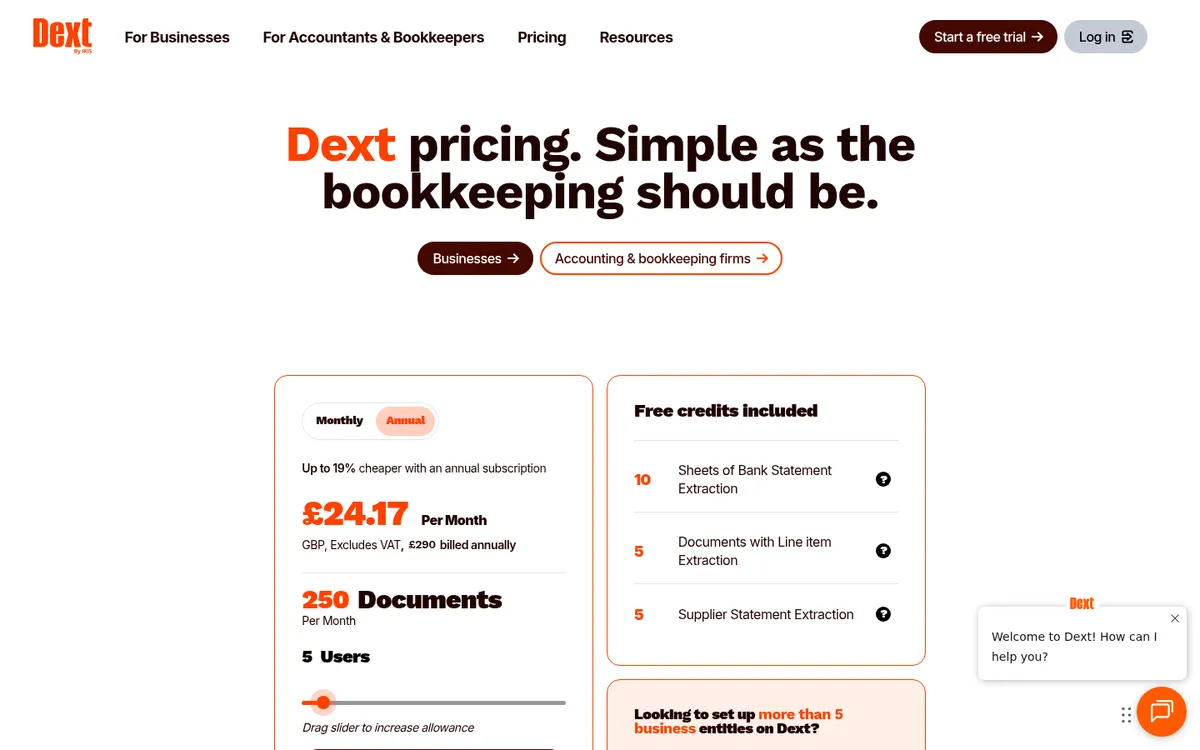 Screenshot of the Dext UK business pricing page