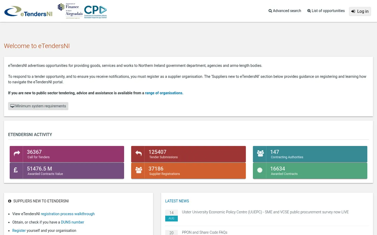 Screenshot of the eTendersNI website