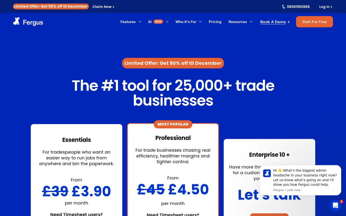 Screenshot of the Fergus UK pricing page