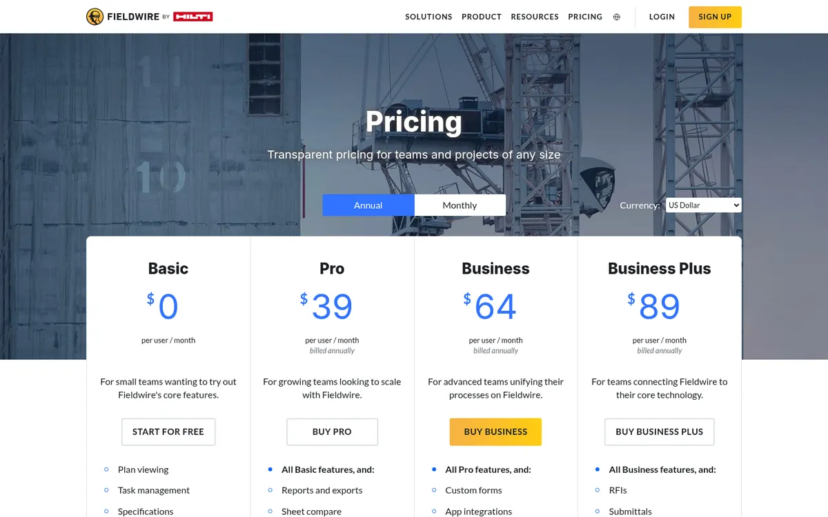 Screenshot of the Fieldwire US pricing page