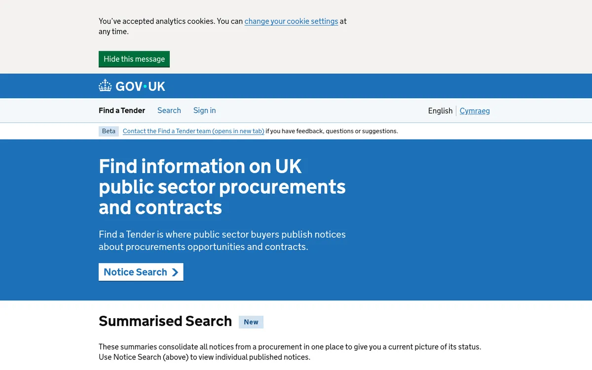 Screenshot of the Find a Tender website