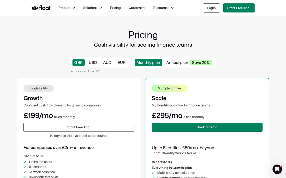 Screenshot of the Float pricing page