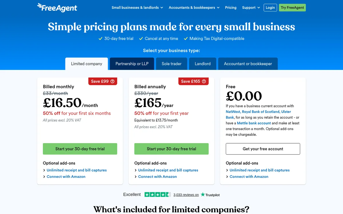 Screenshot of the FreeAgent pricing page