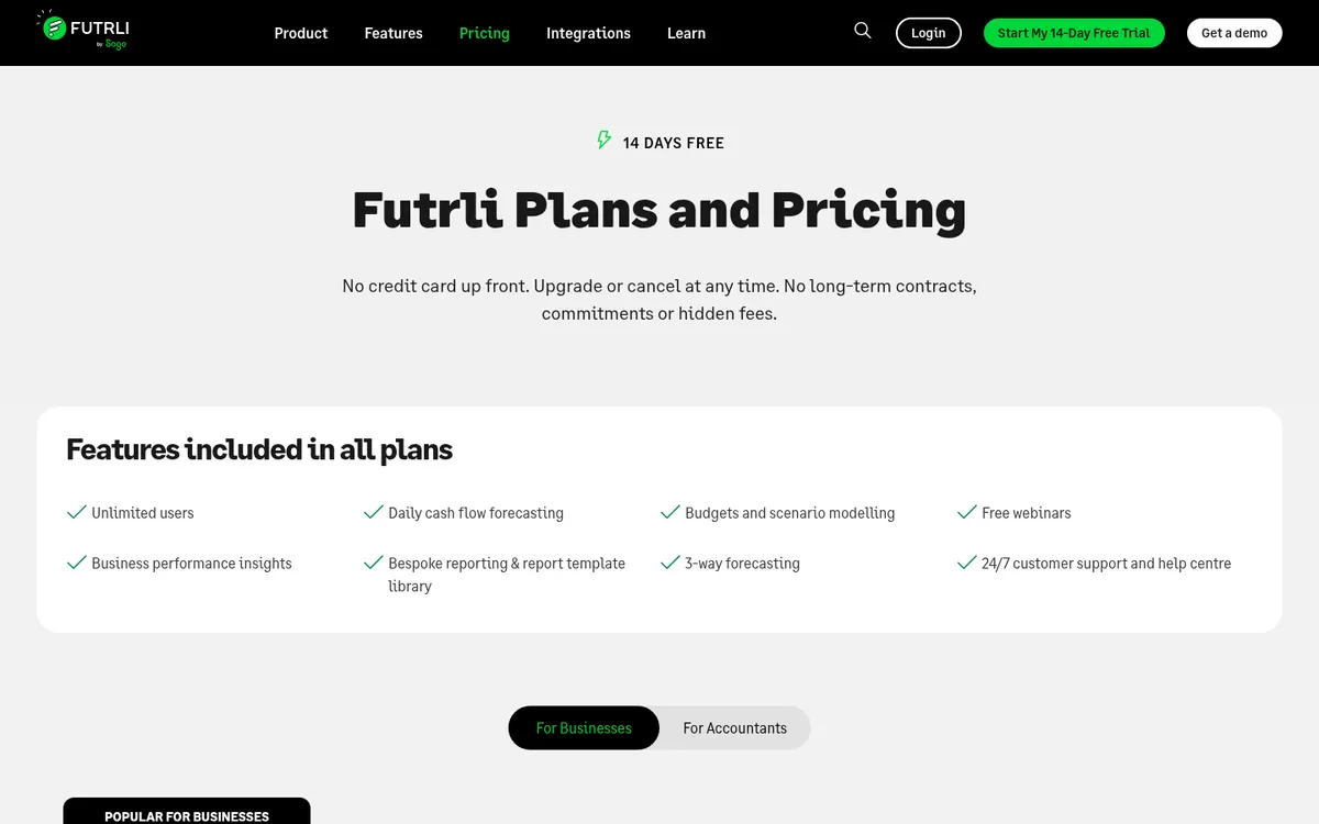Screenshot of the Futrli by Sage pricing page