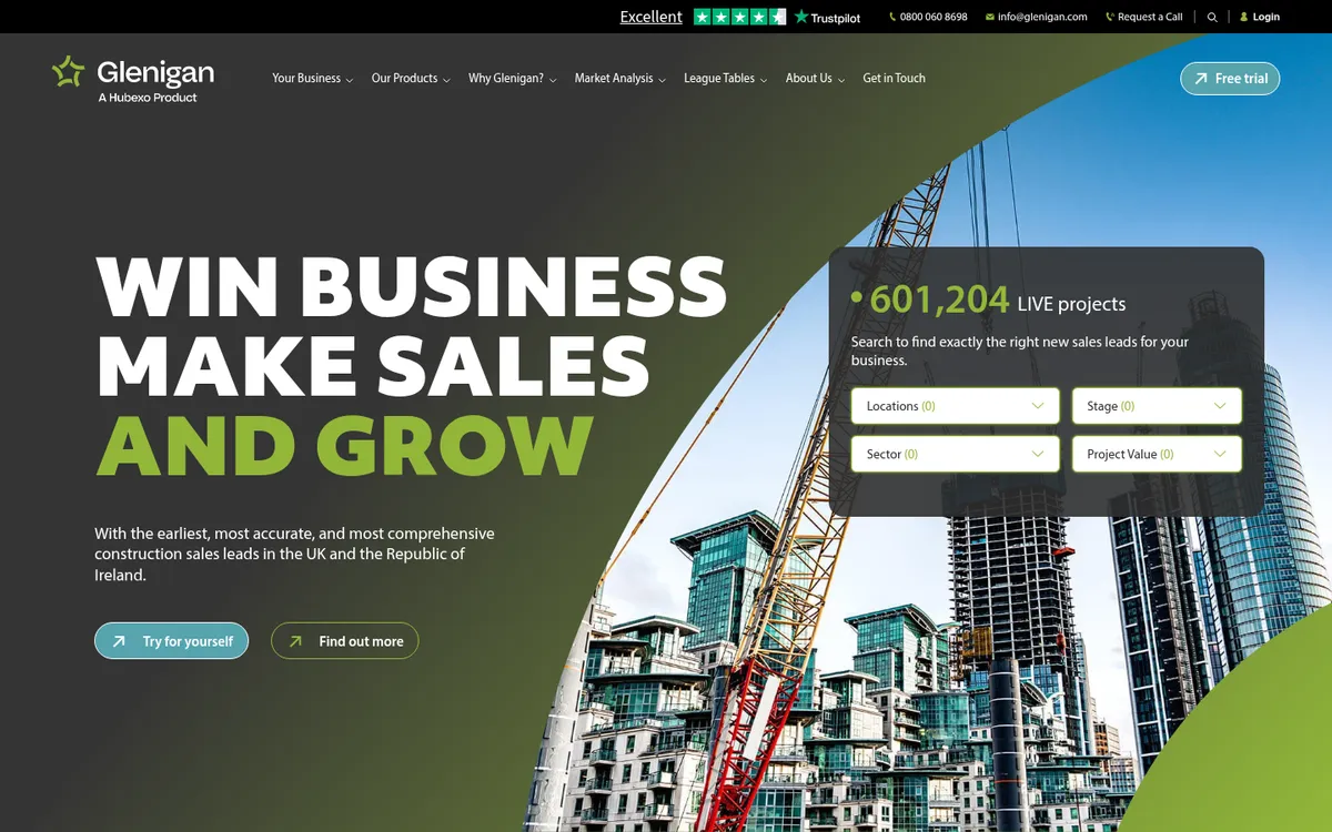 Screenshot of the Glenigan website