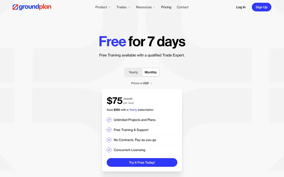 Screenshot of the Groundplan pricing page