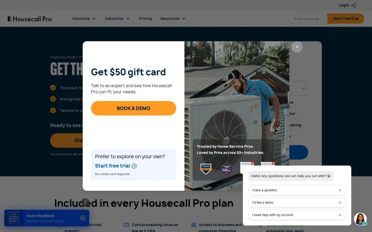 Screenshot of the Housecall Pro pricing page