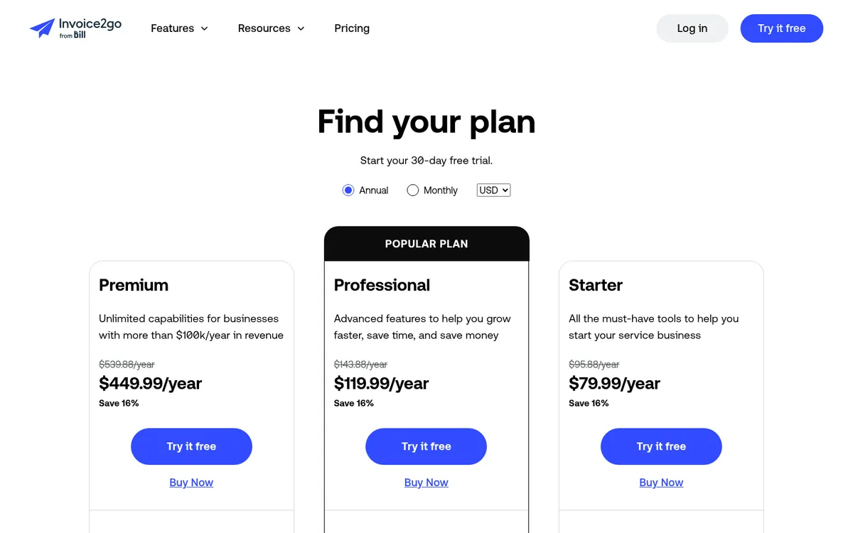 Screenshot of the Invoice2go pricing page