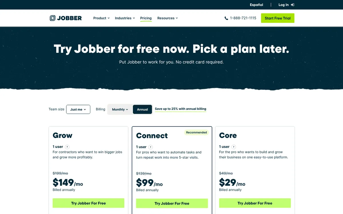 Screenshot of the Jobber pricing page